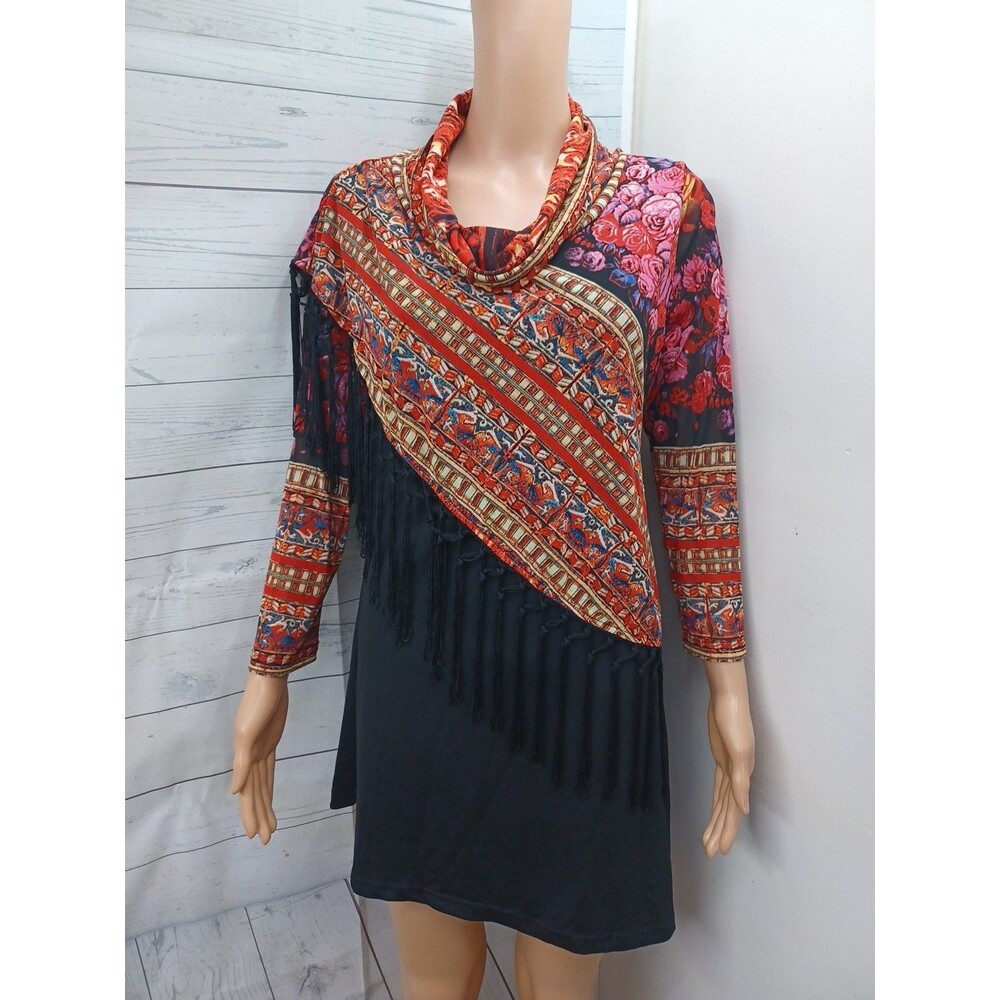Calessa Top Women Small Sash Multi Layer Fringe High Neck Long Sleeve